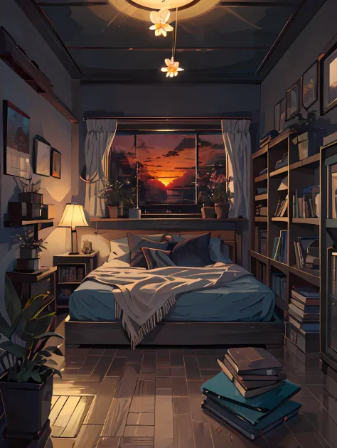 Sunset, wind up, river, room, many books,boho style, hanging lights, plants, fairy lights,flower posts bed,quill, floor lamp, ,cozy, leisure, chill, big window HD 8k, masterpiece, no human in this scenary