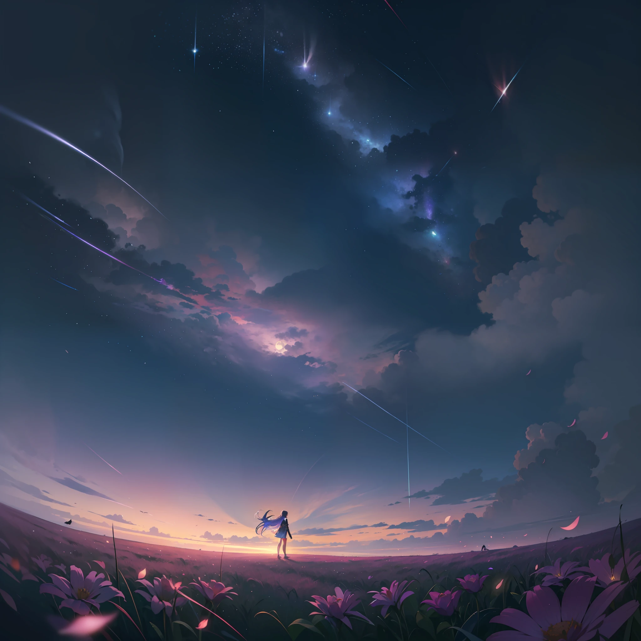 Gran foto de paisaje, (visto desde abajo, El cielo está arriba y el campo abierto está abajo.), una niña parada en un campo de flores mirando hacia arriba, (Luna llena: 1.2), (meteor: 0.9), (nebulosa: 1.3), montañas distantes , Árboles ROMPER Elaboración de arte, (luz calida: 1.2), (Luciérnagas: 1.2), luces, Mucho morado y naranja, detalles intrincados, iluminación volumétrica, realismo DESCANSO (obra maestra: 1.2), (mejor calidad), 4k, ultra detallado, (composición dinámica: 1.4), Muy detallado, Detalles coloridos, (colores del arcoiris: 1.2), (Iluminación resplandeciente, iluminación atmosférica), soñador, mágico, (Solo: 1.2)