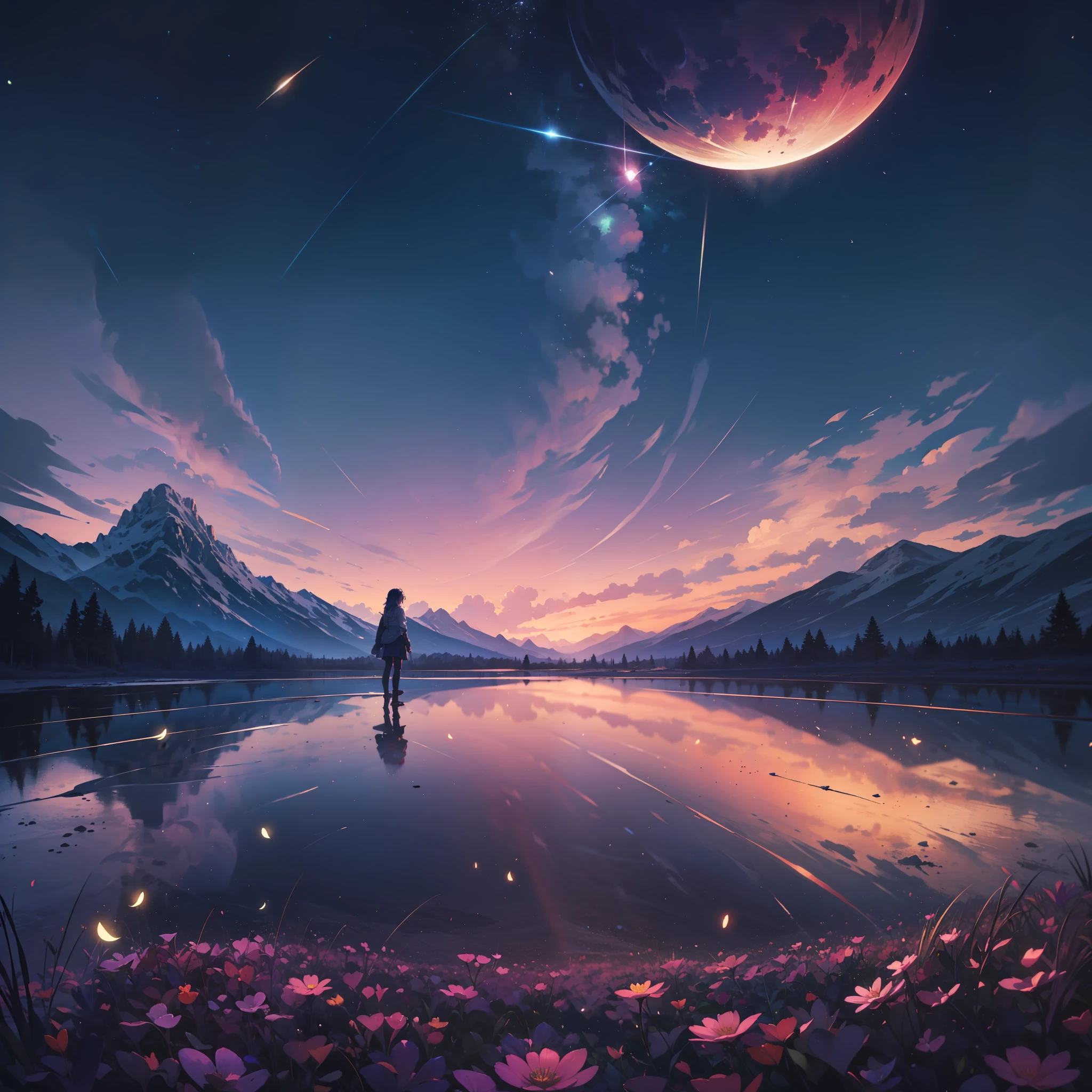 Vast landscape photo, (viewed from below, the sky is above and the open field is below), a girl standing on a flower field looking up, (full moon: 1.2), (meteor: 0.9), (nebula: 1.3), distant mountains , Trees BREAK Crafting Art, (Warm Light: 1.2), (Fireflies: 1.2), Lights, Lots of Purple and Orange, Intricate Details, Volumetric Lighting, Realism BREAK (Masterpiece: 1.2), (Best Quality), 4k, Ultra-Detailed, (Dynamic Composition: 1.4), Very Detailed, Colorful Details, (Rainbow Colors: 1.2), (Glow Lighting, Atmospheric Lighting), Dreamy, Magical, (Solo: 1.2)