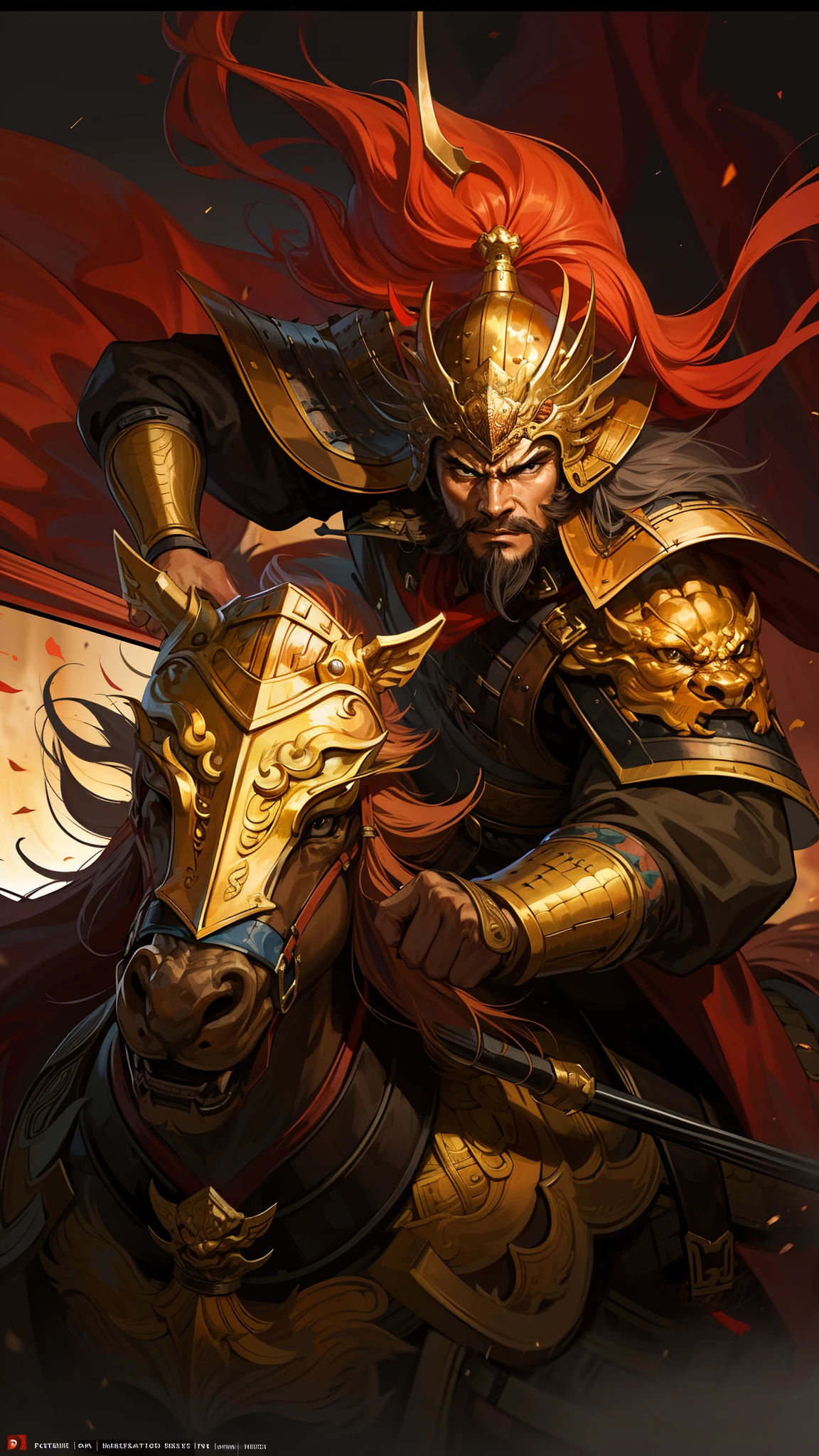 (4k,   best quality, highres:1.1), (masterpiece:1.1),   man, (Chinese male:1.2), middle-aged, warrior, detailed eyes, facial hair, muscular, strong, brave, courageous, powerful, honorable, disciplined, confident, looking at viewer,
face, bracer, helmet, armor, holding weapon, riding, horse, black, red,