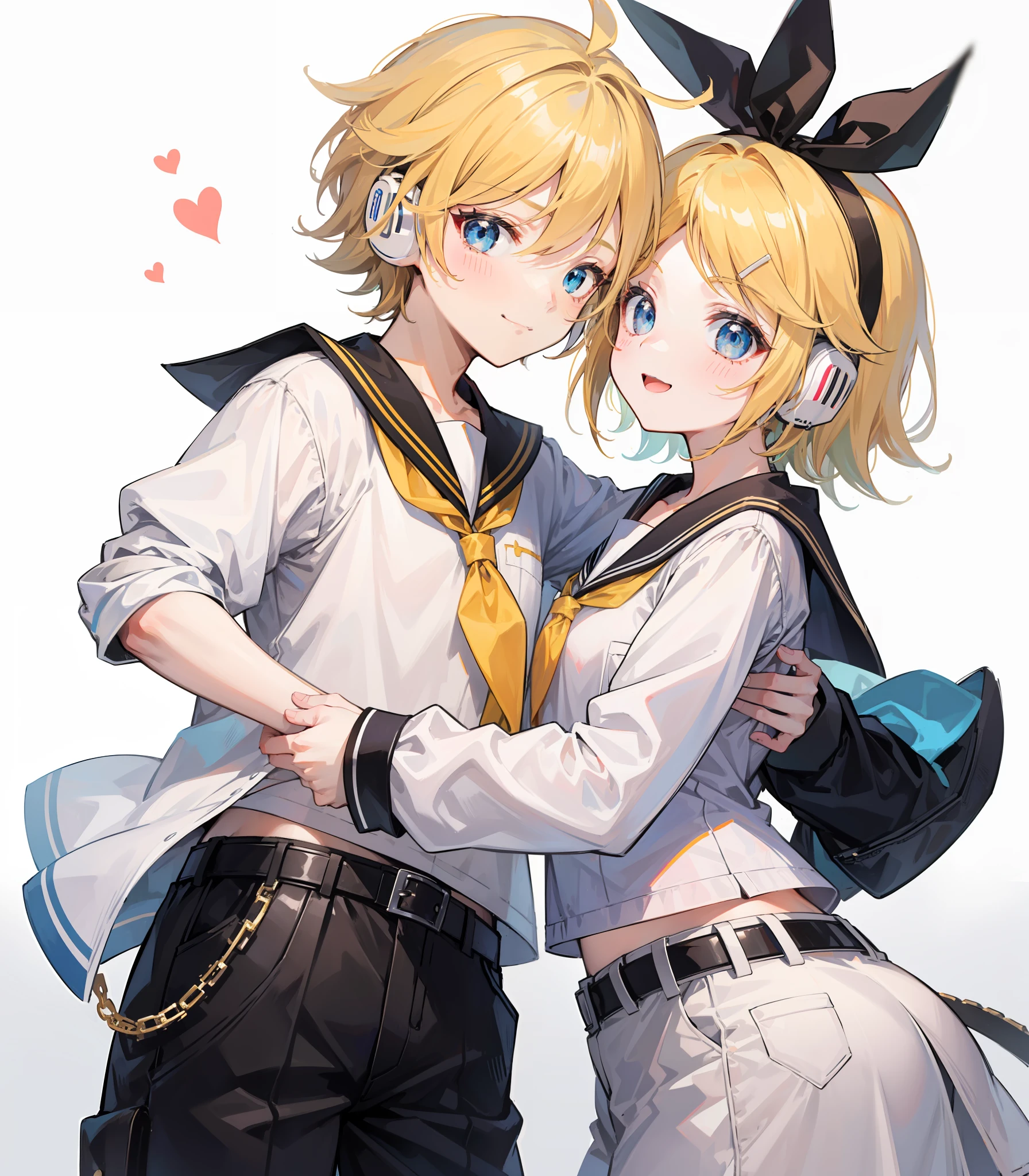 best quality, ultra precision, (only two person), (one boy and one girl), (a boy is Kagamine_Len), (a girl is Kagamine_Rin), blue eyes, cute, short hair, head phone, blond hair, sailor uniform, white shirt, black short pants, belt, yellow necktie, smile, love each other, sibling, children, (boy is as tall as girl), kids, characters focus, couple, love each other, white background, look at each other, (platonic love), cool boy, cute girl, (hug), cowboy shot, blush, about to kiss, boy is cowlick, (little boy), in close contact, picture of two people, smile at each other, happy, beautiful eyes, shota and 