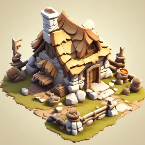 （European and American Q version cartoon architecture，Primitive tribal farm design），cartoonish style， Game architectural design，（Ivory decoration，wood， Stone bricks，Forest elements，Single-storey building），（3D model rendering、Primitive barbarian style），whit...