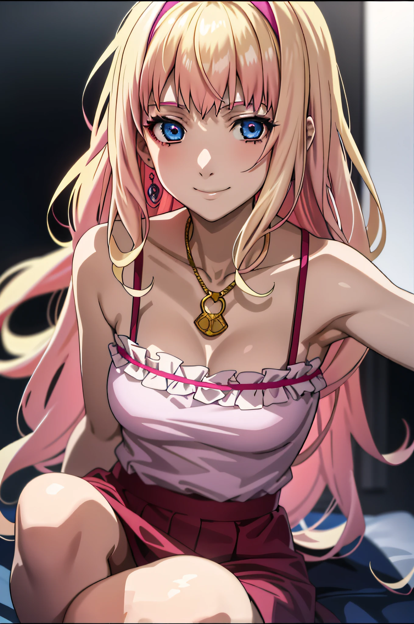 (Anime:1.1), Best Quality, masutepiece,
1girl in, sherly nome, multicolored hair, blonde  hair, Pink hair, gradient hair long hair, medium breasts, Blue eyes, Mature Woman,  Looking at Viewer, Smile