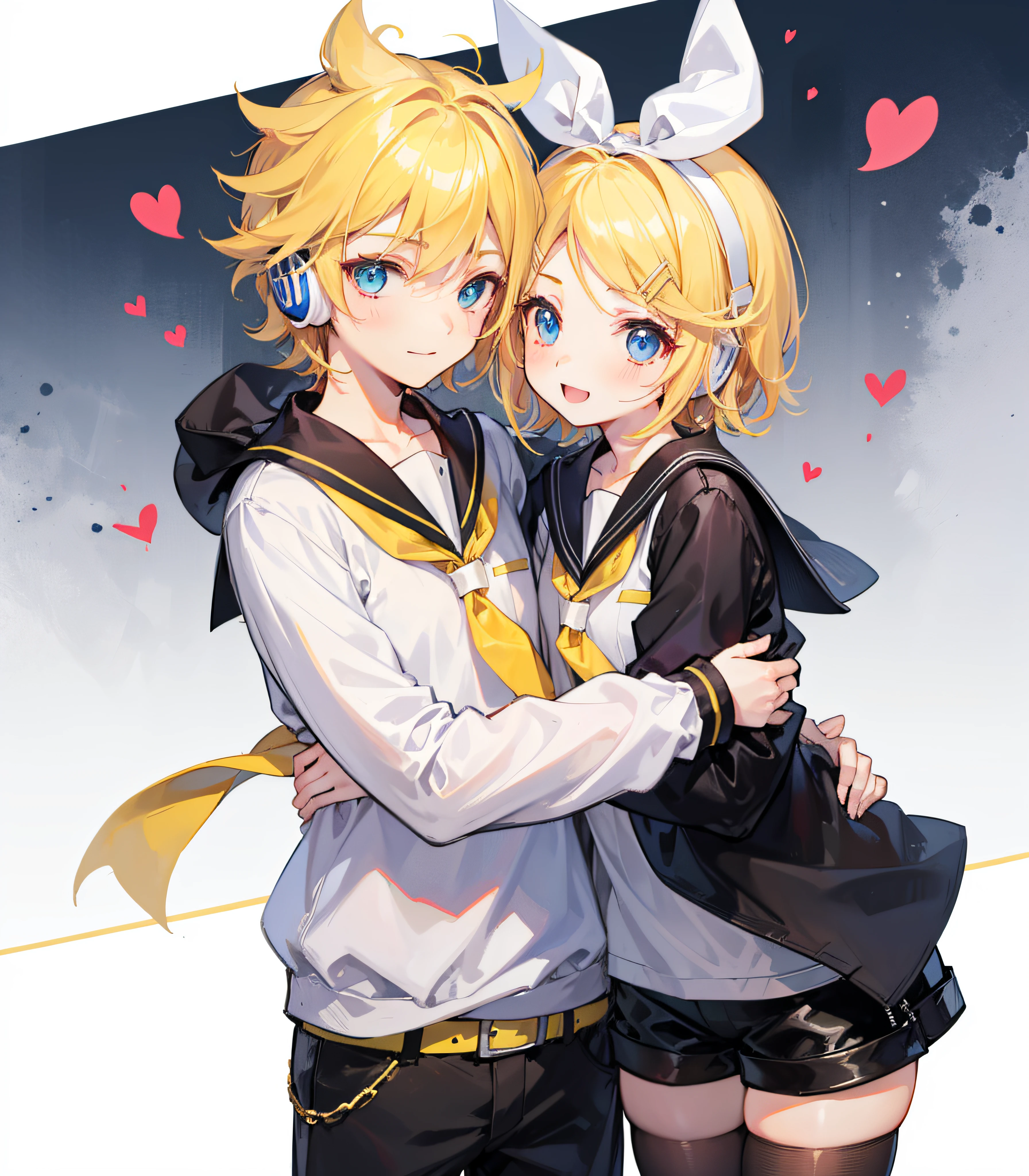 best quality, ultra precision, (only two person), (one boy and one girl), (a boy is Kagamine_Len), (a girl is Kagamine_Rin), blue eyes, cute, short hair, head phone, blond hair, sailor uniform, white shirt, black short pants, belt, yellow necktie, smile, love each other, sibling, children, (boy is as tall as girl), kids, characters focus, couple, love each other, white background, look at each other, (platonic love), cool boy, cute girl, (hug), cowboy shot, blush, about to kiss, boy is cowlick, (little boy), in close contact, picture of two people, smile at each other, happy, beautiful eyes, shota and 