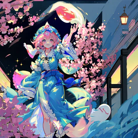 masterpiece, best quality, eastern project,1 girl, saigyouji yuyuko, solo, konpaku youmu (ghost), blue zun hat,pink eyes,pink sh...