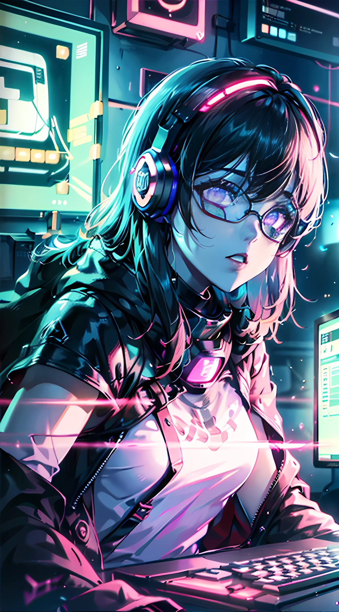 ((Best quality)), ((masterpiece)), (highly detailed:1.3), 3D,NeonNoir, beautiful cyberpunk woman,(wearing head-mounted display that is chunky and hi-tech:1.2),wearing a cape,hacking a computer terminal,PURPLE NEON LIGHT FROM MONITOR, GREEN NEON SIGNS ON THE WALL,