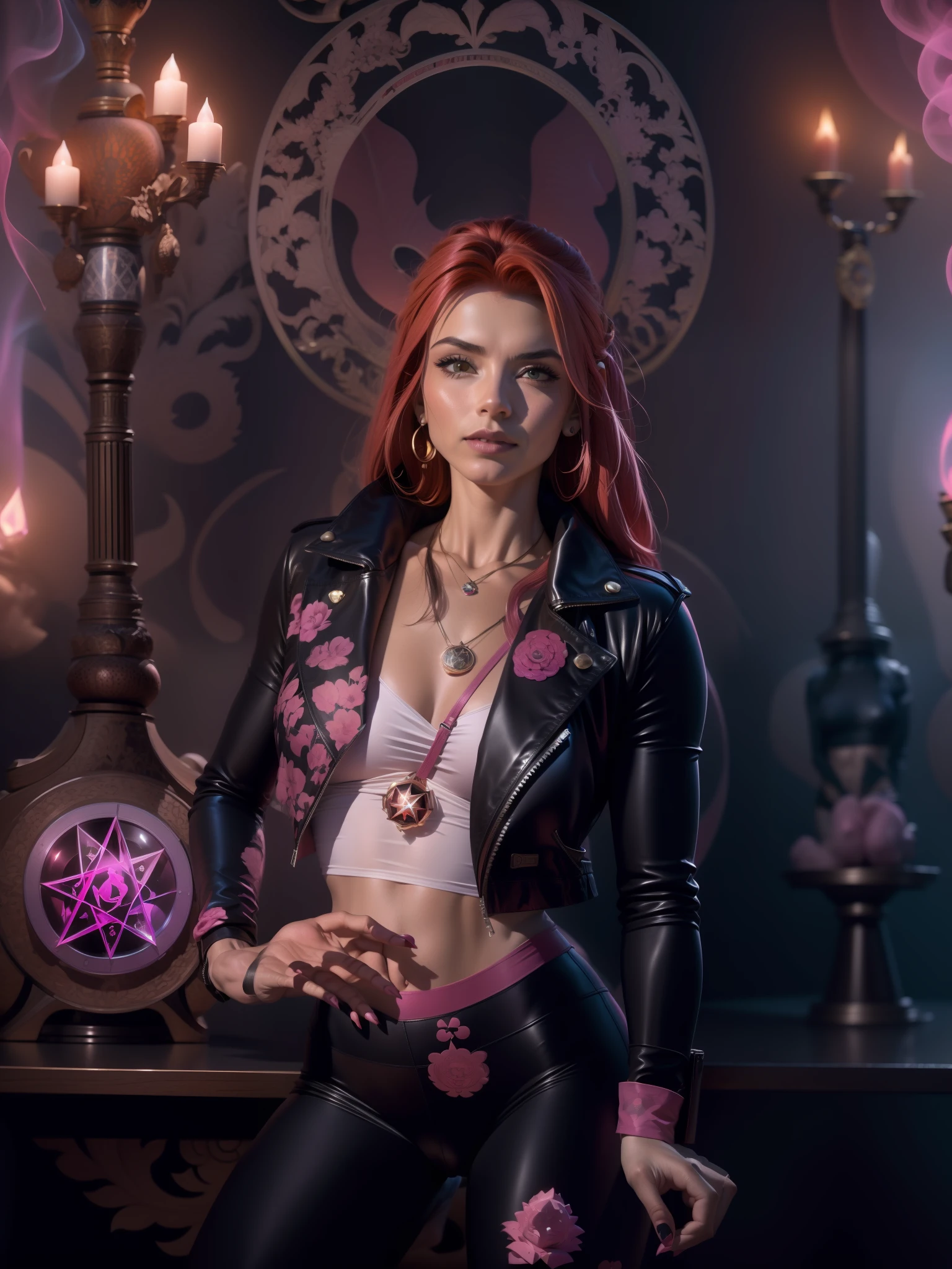 a sexy red-haired witch wearing a modern leather jacket and pink yoga pants, adorned with many magical accessories, casting a red magic circle, with a background of pink smoke and many skulls, in a seductive pose.

black leather jacket, pink yoga pants, black boots, pentagram necklace, crystal earrings, dark background, sultry and mysterious expression, Canon EOS R5 camera, Fujifilm Fujicolor Pro 400H film, 50mm lens, high saturation, Tim Burton, David LaChapelle, Sofia Coppola, Gucci, Alexander McQueen
