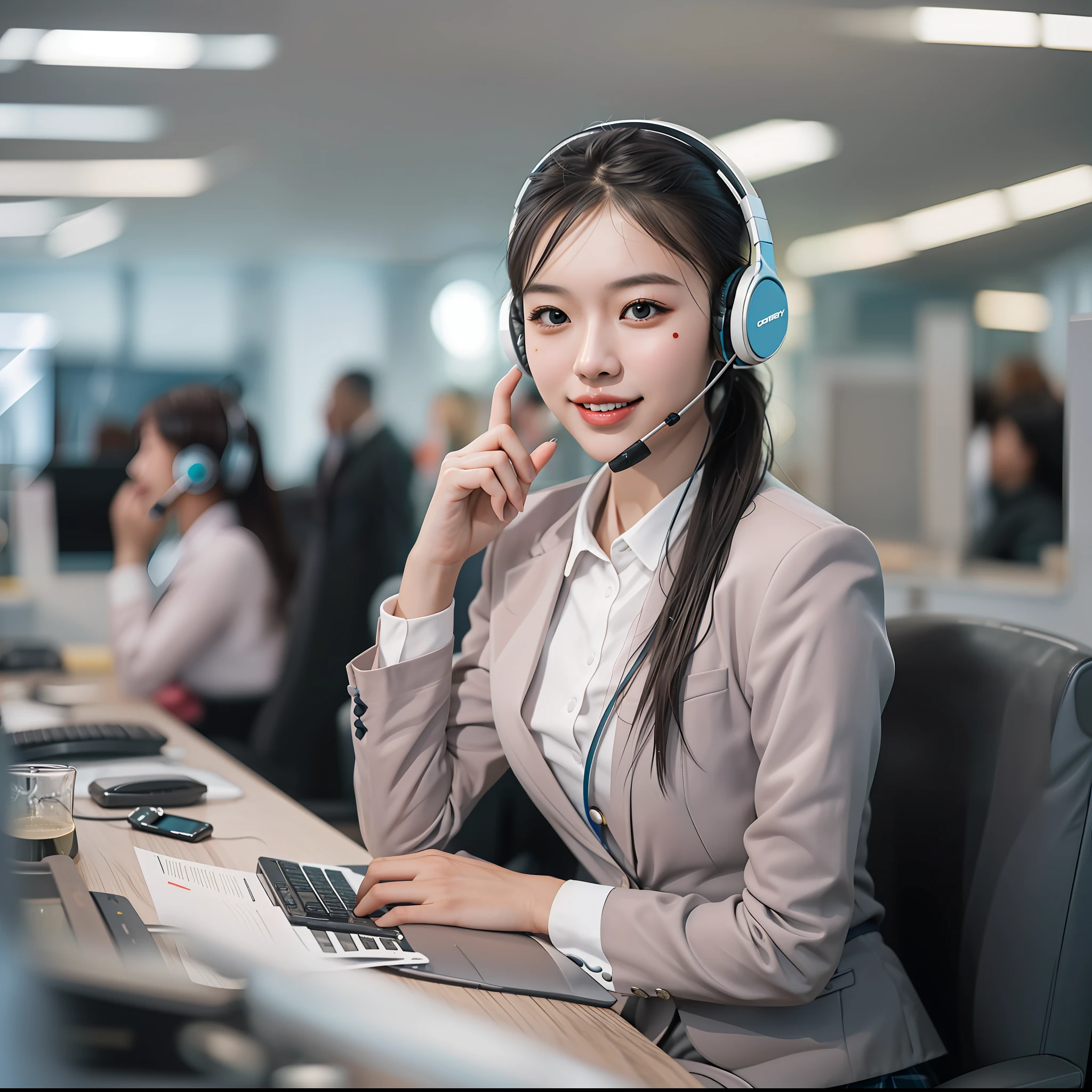 younger female, (Customer service using headphones), Asian people, Perfect skin details, ssmile, high ponytails, long whitr hair, Business suit, short  skirt, The upper part of the body, Look directly at the viewer, inside in room, call centre, Elegant and professional, In the daytime, downy, edge lit , Background bokeh, 16:9 frames, The scene is, Flat viewing angle, SENSE OF CINEMA