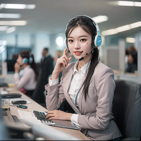 younger female, (Customer service using headphones), Asian people, Perfect skin details, ssmile, high ponytails, long whitr hair...