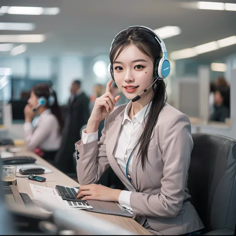 younger female, (customer service using headphones), asian people, perfect skin details, ssmile, high ponytails, long whitr hair...