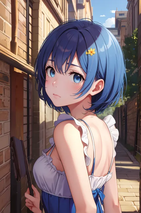 masterpiece, best quality, absurdres, perfect anatomy, 1girl, solo, blue eyes, short hair blue hair, from behind, sundress, yell...