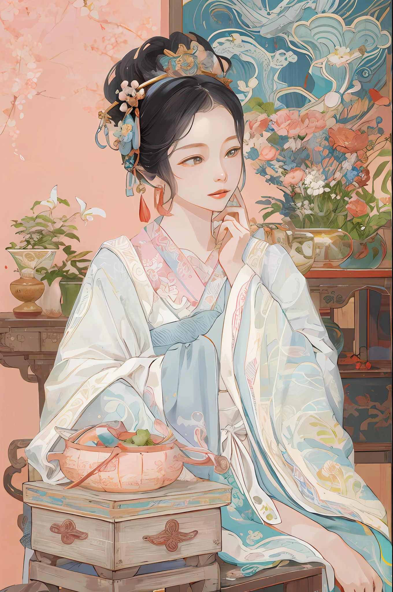 Painting a woman in a blue dress sitting on a stool, Palace ， A girl in Hanfu, Inspired by Qiu Ying, ancient chinese beauti, author：Qiu Ying, inspired by Tang Yin, author：Li Fangying, author：Qu Leilei, ancient china art style, Wearing ancient Chinese clothes, author：Yu Zheding, Hanfu, author：Xu Xi