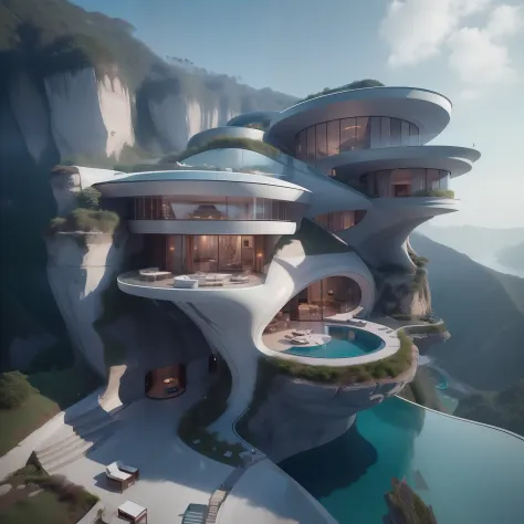 a modern futuristic design large cliff House's with a artificial waterfall and a pool in the middle, nature meets architecture, ...