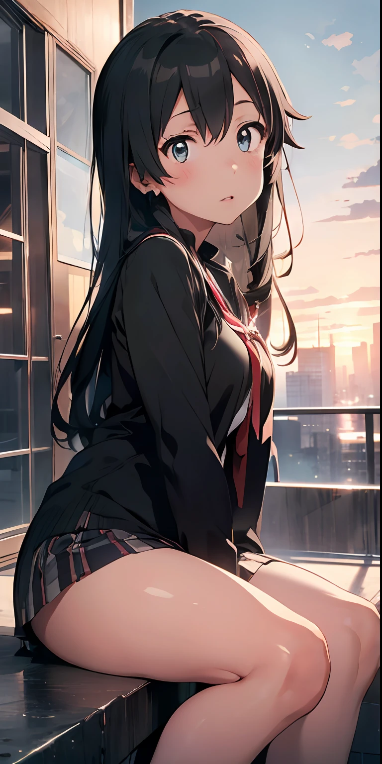 a masterpiece of、Top image quality、1girl、Beautiful woman sitting on the stairs、legs slightly open、Detailed facial expressions、Detailed eye、Detailed nose、Detailed lips、hugetits、Female proportions considered everywhere、Skyscraper District、Sunset between buildings、emphasis on beautiful legs、from side, (make her yukino yukinoshita:1.5)