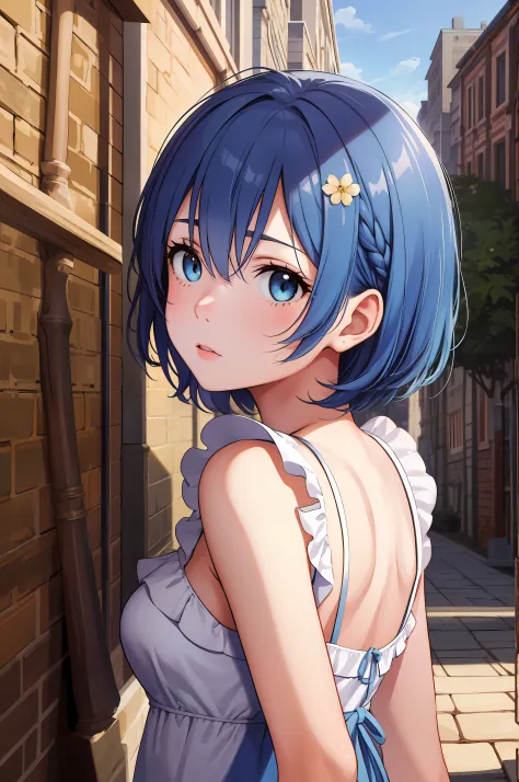 masterpiece, best quality, absurdres, perfect anatomy, 1girl, solo, blue eyes, short hair blue hair, from behind, sundress, yell...