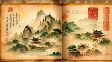 A page with text in an illustrated book:of books, 3D of Chinese landscapes,Lack of paper,book，Antique scrolls，Worn-out treasure map，Wang Xizhi's calligraphy，Red Seal - Version 5.2--Stylized 350--Quality 2--Stvleraw，National style series
