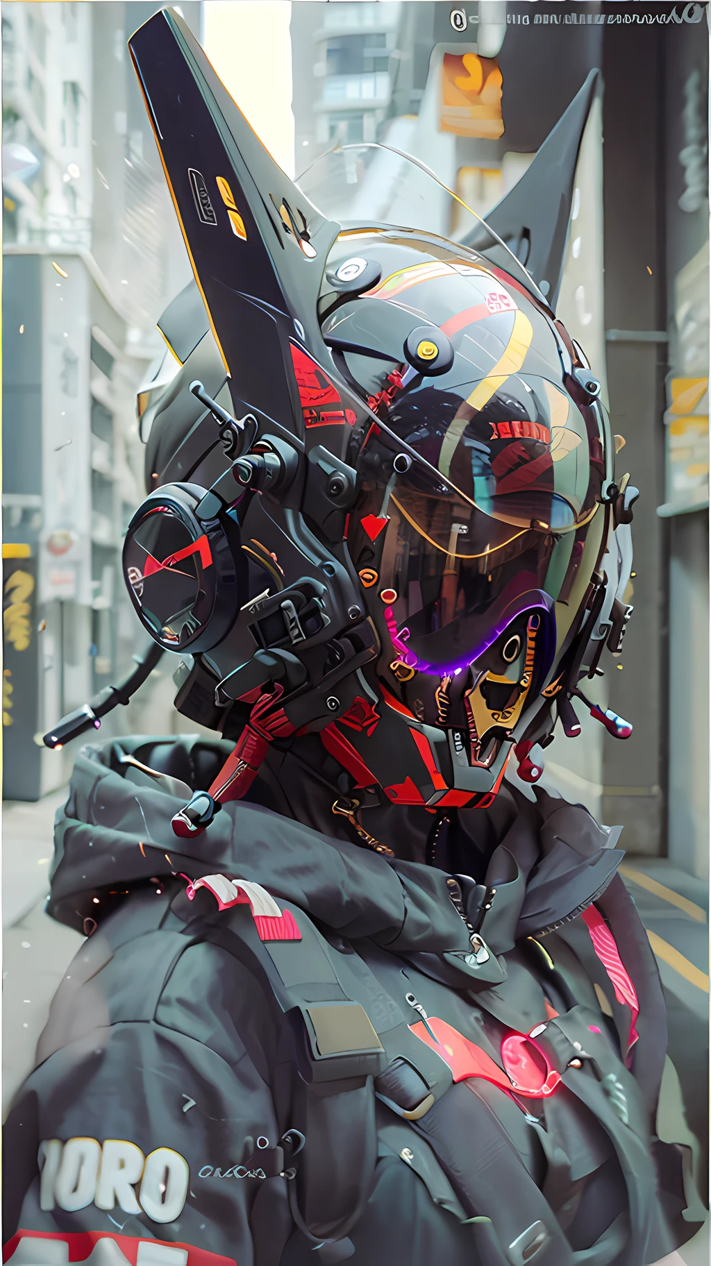 Original, masterpiece, top quality, cyborg woman in a red circle illuminates cyber helmet with black colored ears, black jacket, sunny day, on the street