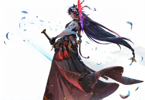 long whitr hair，Anime man with sword in hand, Onmyoji detailed art, style of duelyst, painted in the style arcane, arcane art st...