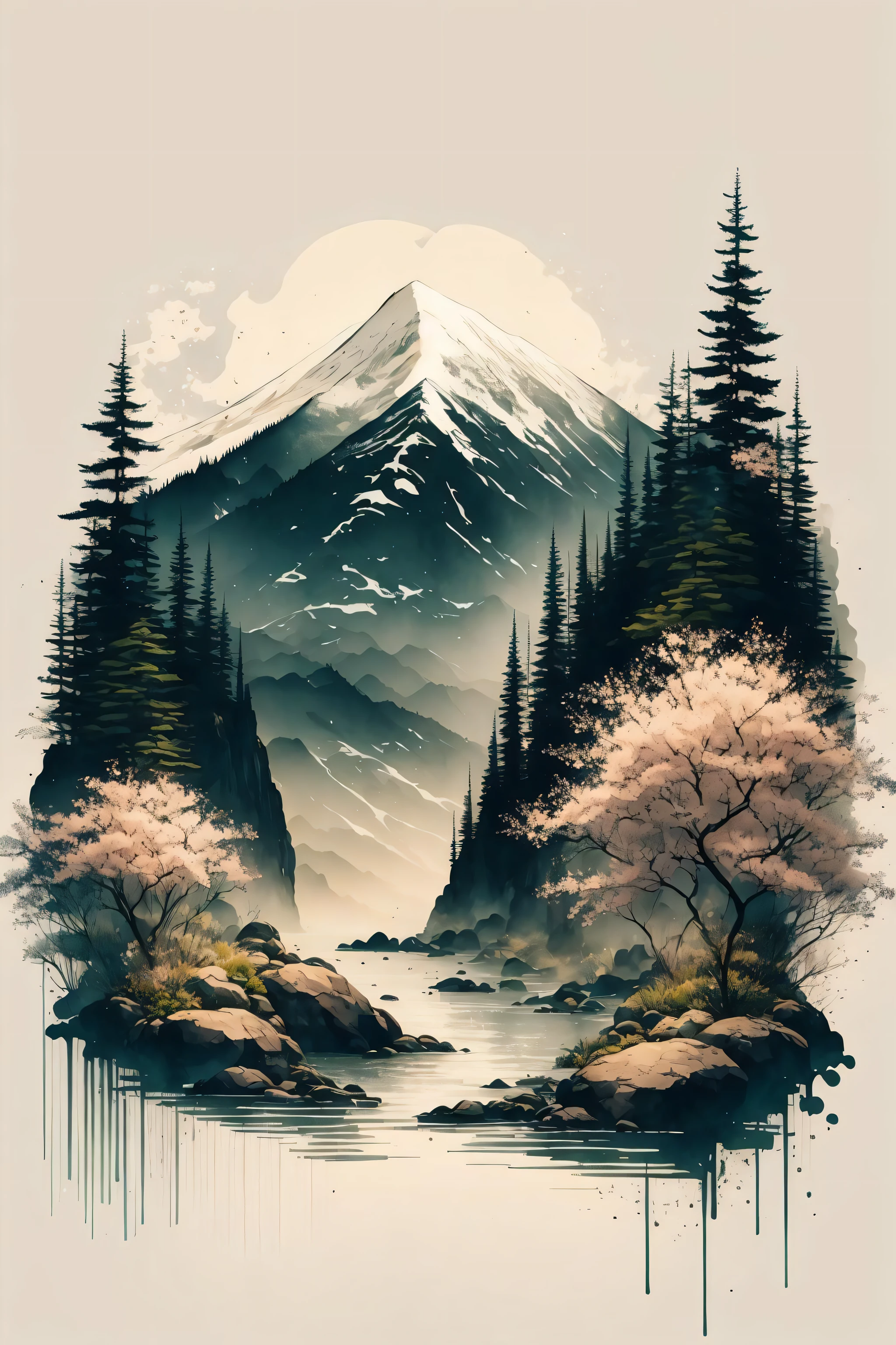 white background, scenery, ink, mountains, water, trees