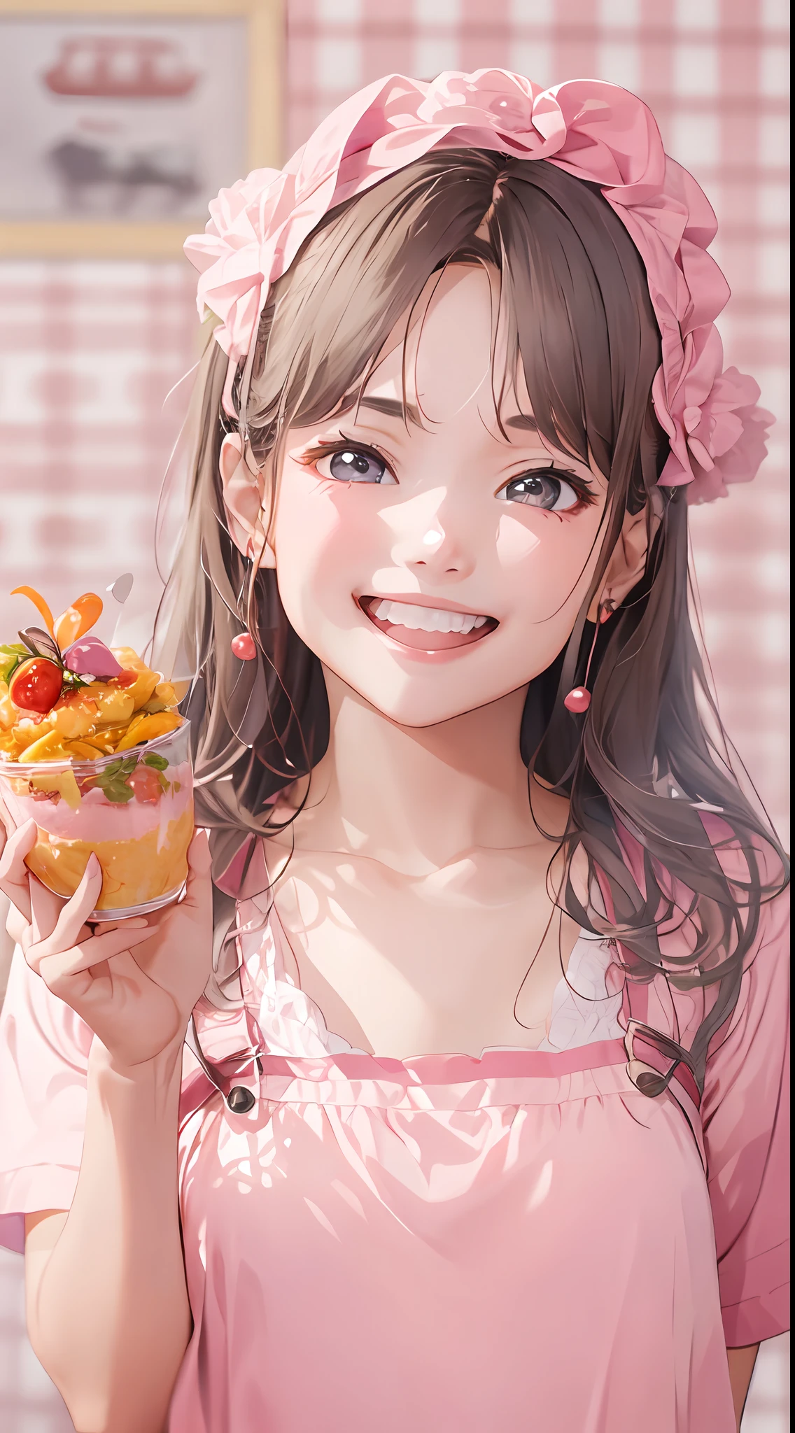 The image of a cute girl who likes pink, appearance々Eat a culinary feast, Pose for the camera with a smile, With cute gestures.