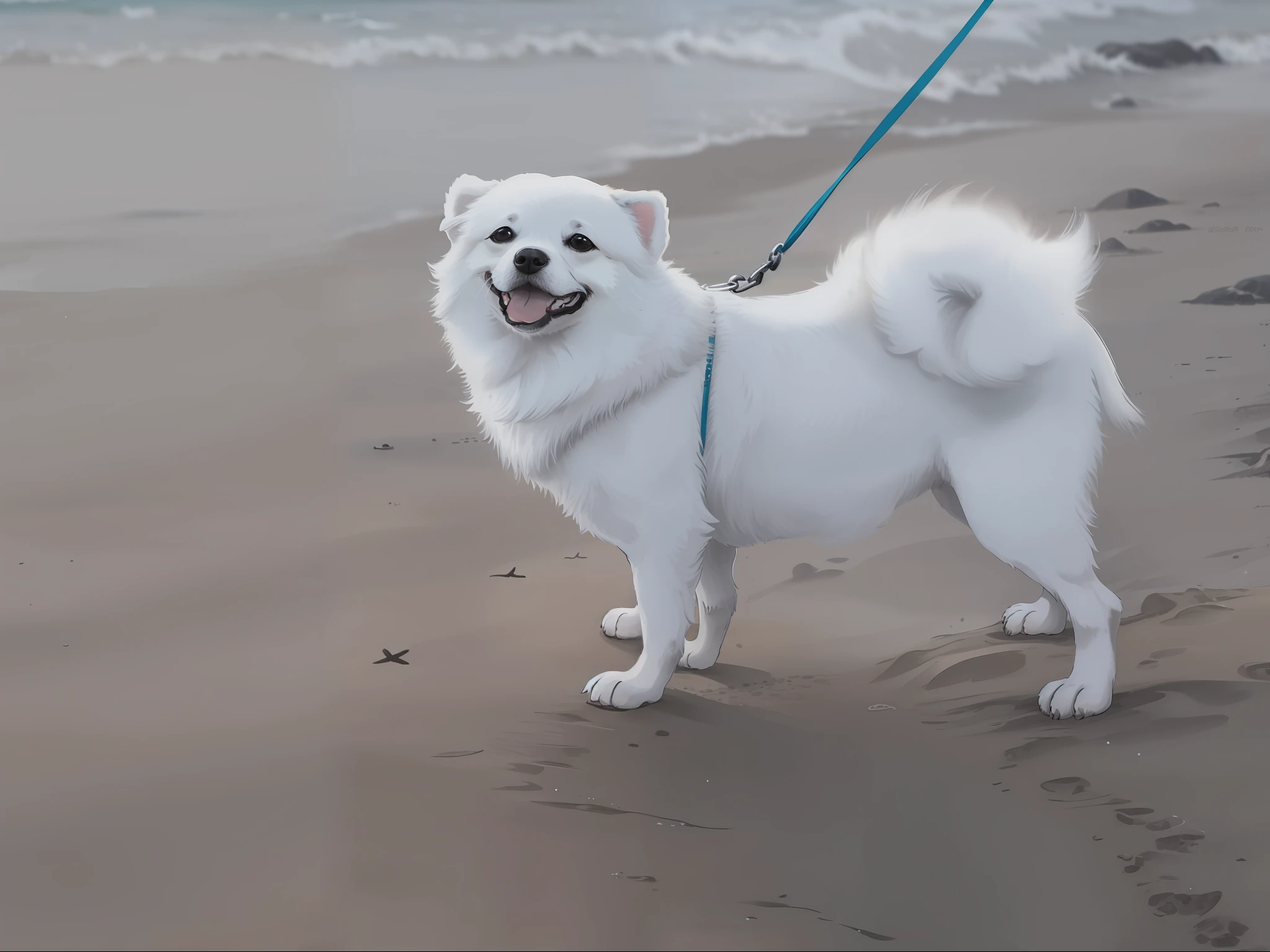 ビーチでひもにつないでいるアルフィス，ビーチには足跡があります, 彼女のそばには小さな白い犬がいた, ビーチに立つ, 小型犬, ポメラニアンミックス, 犬のしっぽが上向きにコックされている，ビーチで, 砂の上, ビーチを歩く, ビーチを歩く, ビーチで, ビーチでポーズをとる, ビーチで