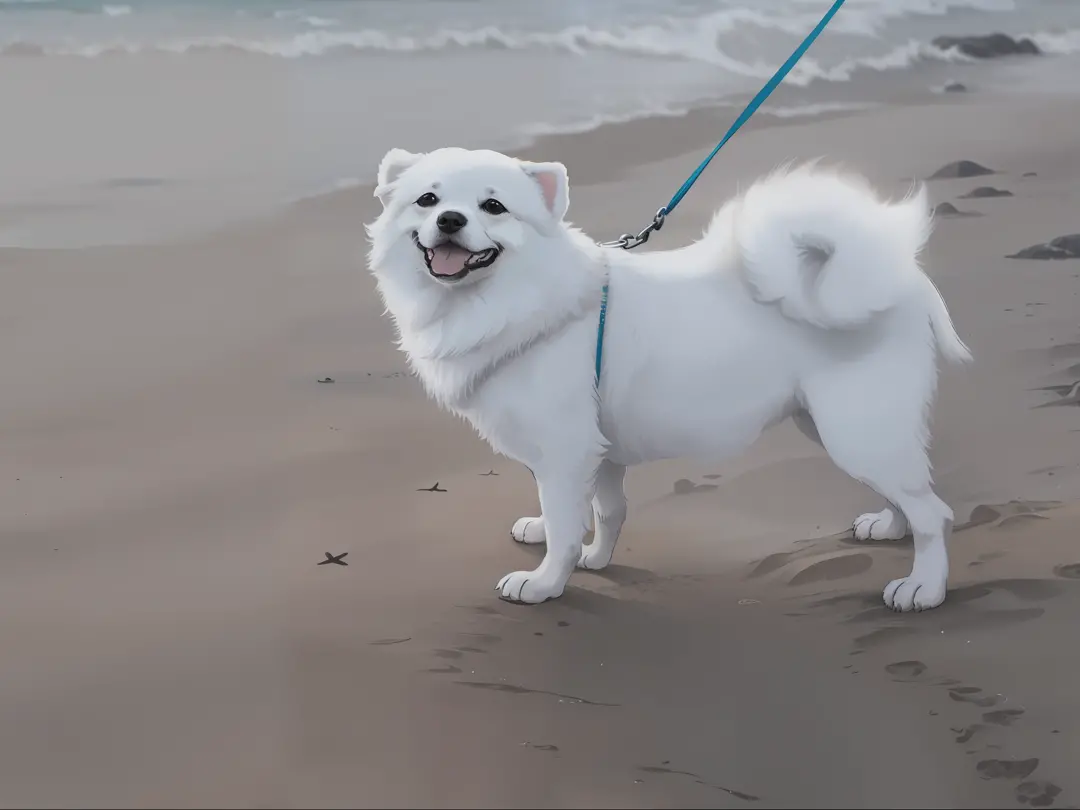 Alfis on a leash on the beach，There are footprints on the beach, small white dog at her side, standing at the beach, small dog, pomeranian mix, The dog's tail is cocked upwards，in beach, on the sand, Walking on the beach, walking on beach, in beach, Posing...