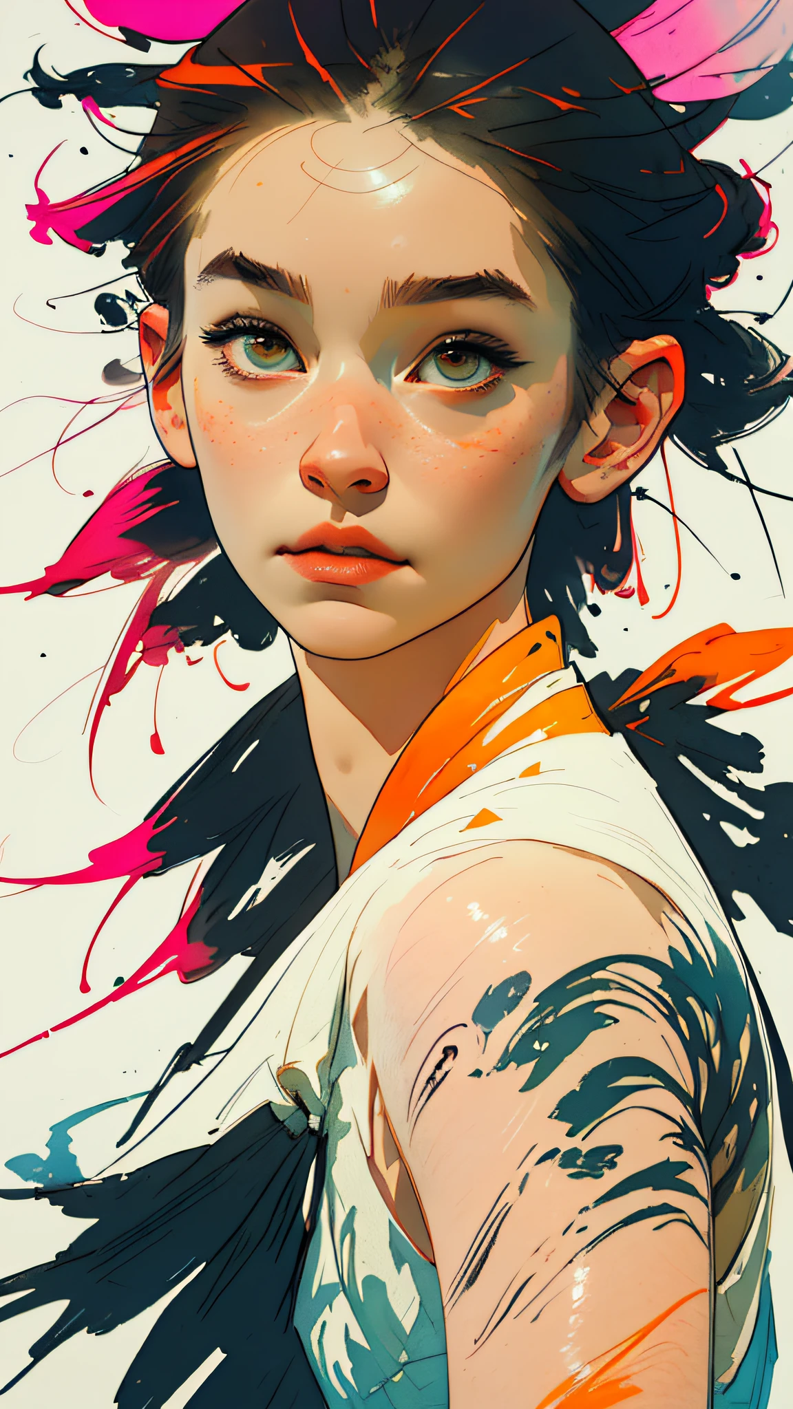 (8K, mejor calidad, obra maestra:1.2),(mejor calidad:1.0), (resolución ultra alta:1.0), acuarela, una mujer hermosa, hombro, cintas para el cabello, por agnes cecile, retrato de medio cuerpo, diseño brillante extremadamente luminoso, colores pasteles, (Tinta:1.3), luces de otoño