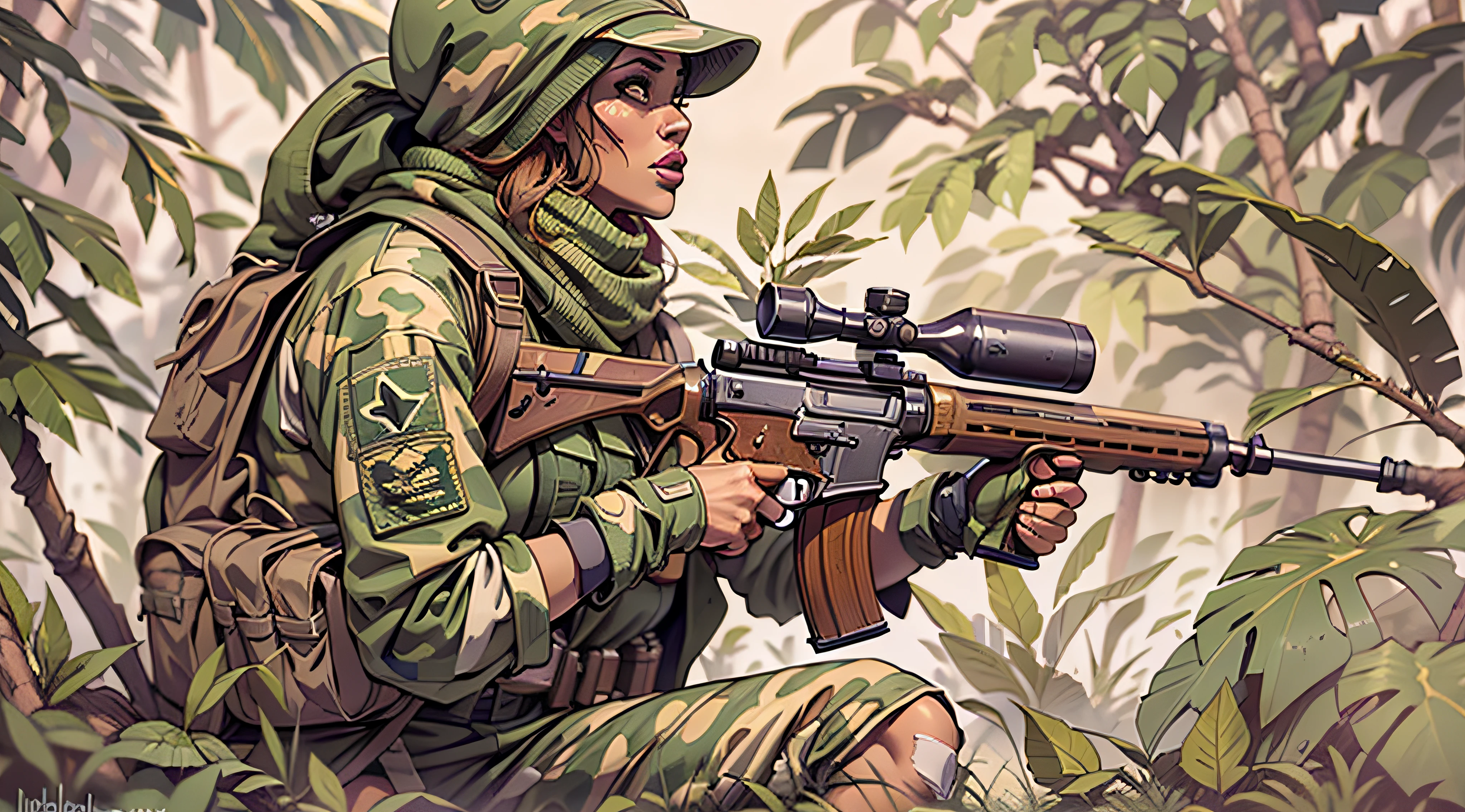 Concept art. Na Selva. Mulher segurando um rifle. Roupa camuflada. Line art profissional. profesional lighting. Sombreamento ultra realista. Textura minuciosamente detalhada.