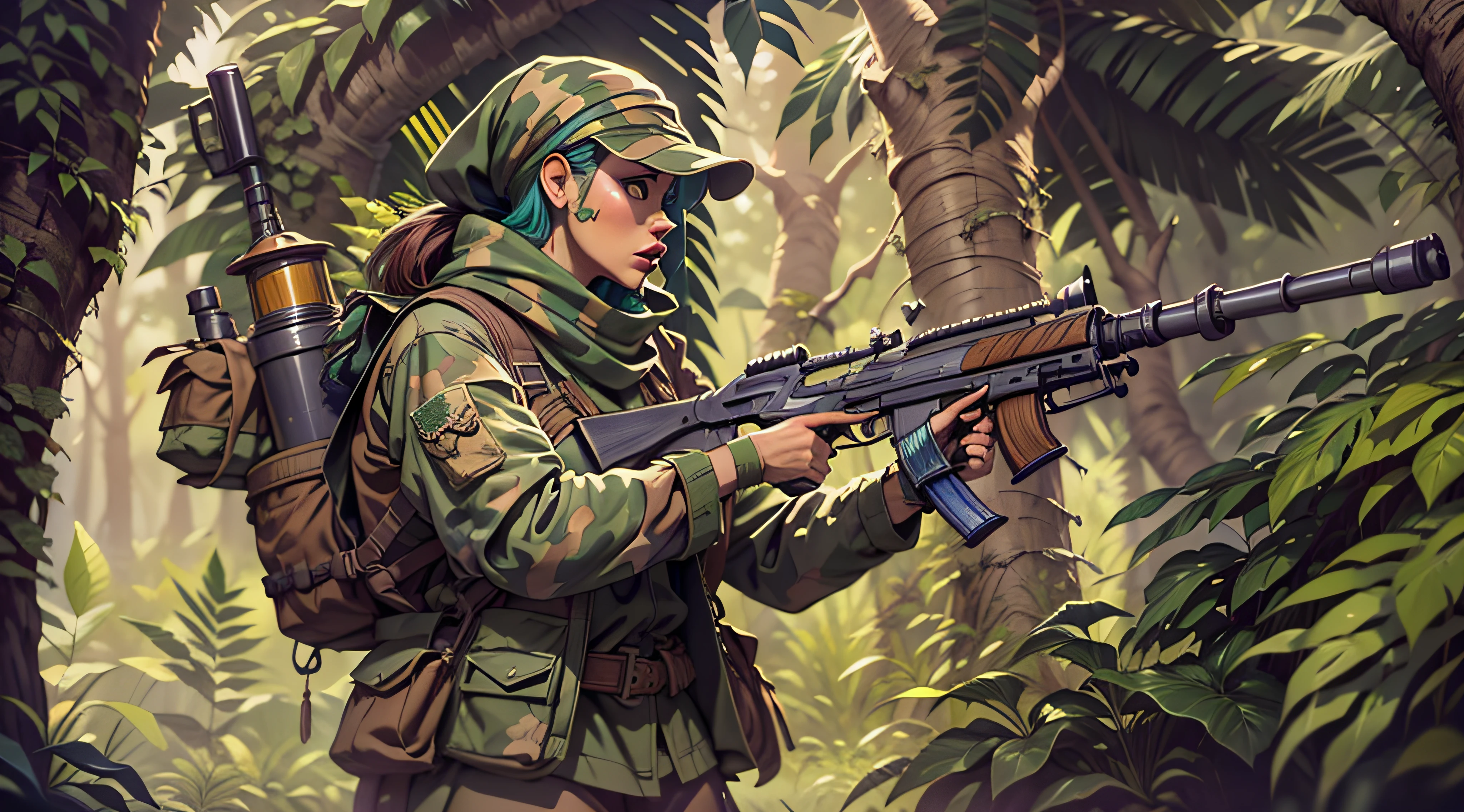 Concept art. Selva. Mulher segurando um rifle. Roupa camuflada. Floresta perigosa. Arvores com folhas castanho e verde. Animais silvestres. Line art profissional. profesional lighting. Sombreamento ultra realista. Textura minuciosamente detalhada.