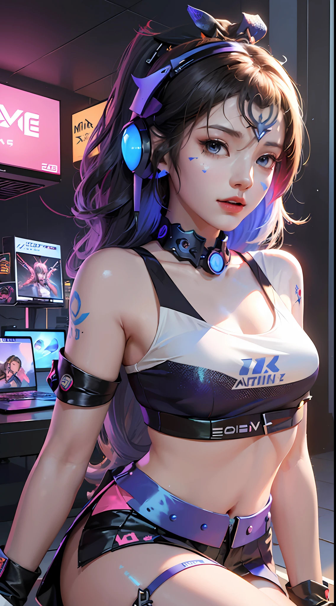 (((((7 avatar shot)))), Silver Wolf, Masterpiece, Best Quality, Ultra Detailed, Extremely Detailed 16k CG Wallpaper, Beautiful Face, (Silver Wolf in Esports Room), (Perfect Beautiful Curved Figure), Seated, Rainbow Color Jewel Eyes, Wearing Resin Hologram Sports Bra, Crop Top Drape, Mini Pleated Skirt, Bell Collar, Logo, Impotence, Contour Light, Concert, Neon Sign, Audio, Bell Collar, Esports Headset, Computer, Esports Room, Play Games, White Interior Through Red Skin, holographic projection, flat sphere, graffiti logo, highly detailed tattoo_,
Authoring information