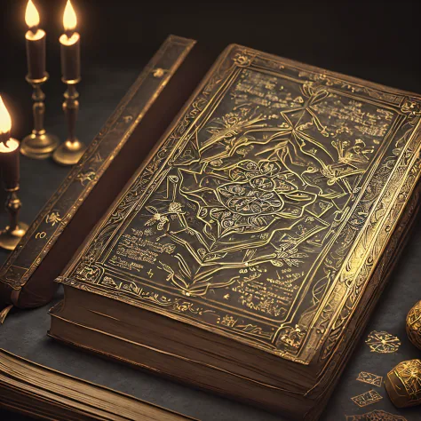 an ancient book with intricate engravings, containing forgotten spells and enchantments, evokes a sense of wonder and curiosity,...