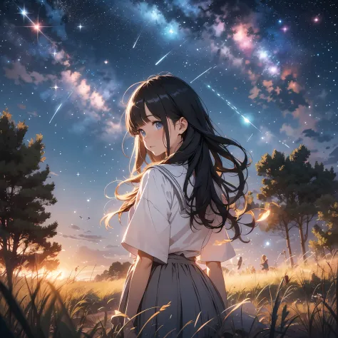 schoolgirls，There are stars in the steppe，grass field，Star-sparkled，Buble，The cat came out of the banana，starrysky，extreme light，8K,Cinematic lighting effects，Textured skin，best qualtiy，Storytelling images，dynamic blur，