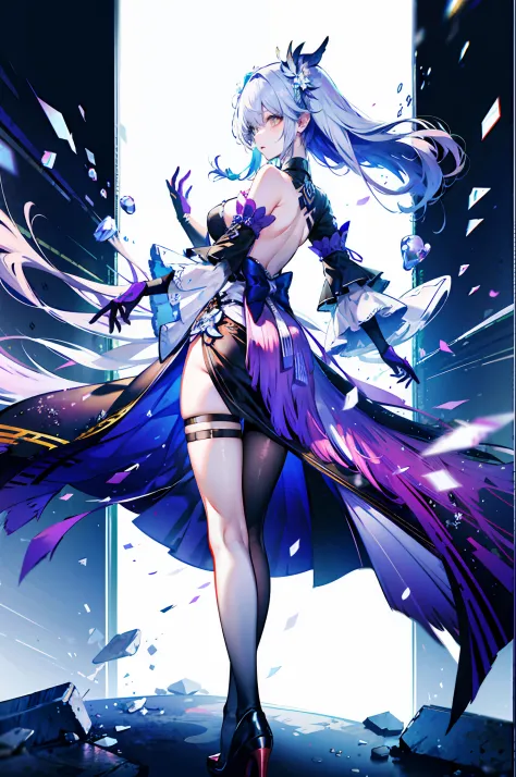 （best qualtiy，detailed back ground，A high resolution，8k wallpaper，full bloom，messy  hair，shinny hair，Bright pupils），1girll，Focus on the legs，long whitr hair，silber hair，Large_Breasts，Action_Pose，standing on your feet，Shen He（Genshin character），Hair_decorat...
