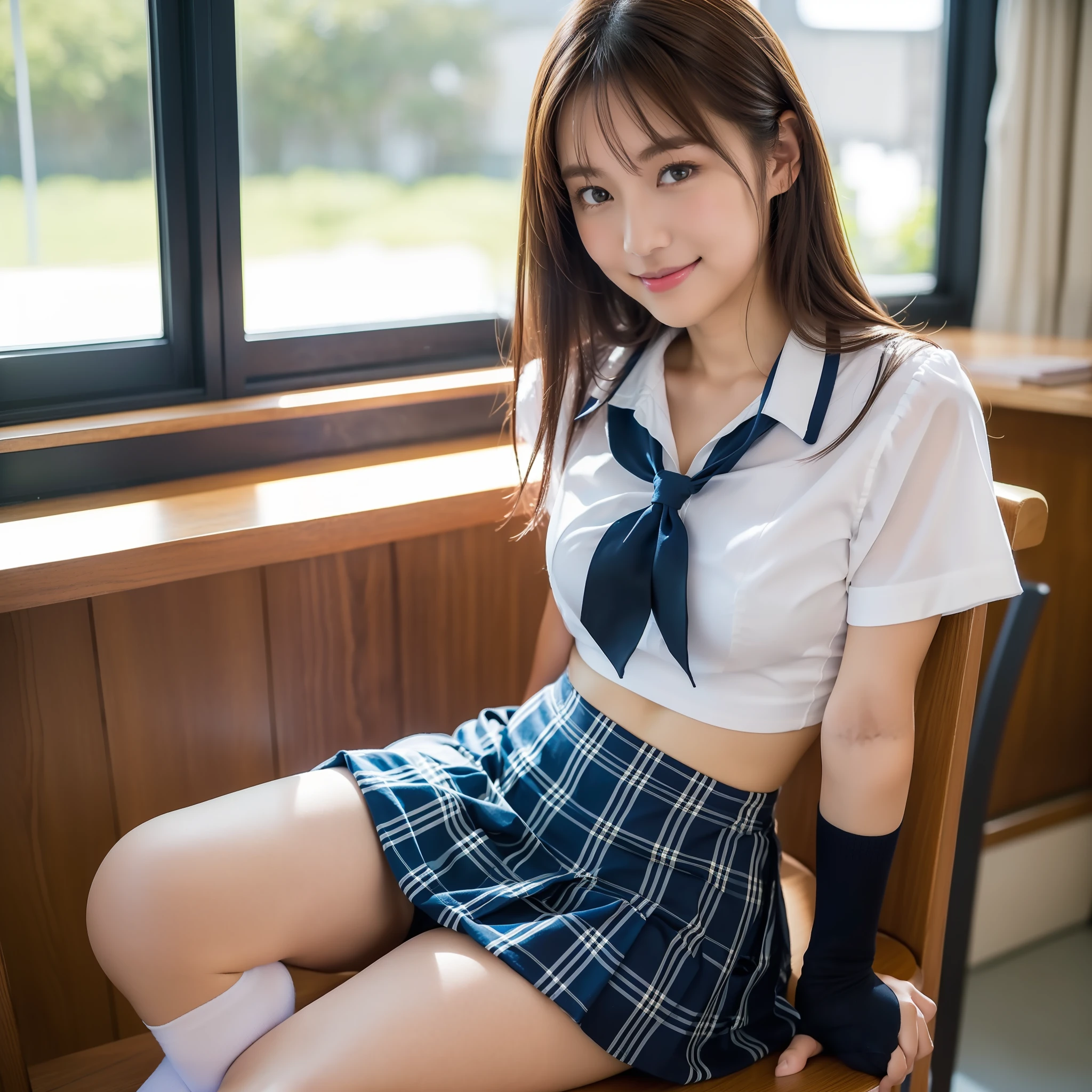 Woman in school uniform leaning on chair, (1.2 (1 Japan schoolgirl posing), Japan school uniform, Japan school uniform, Japan girl uniform, cute schoolgirl, school girl, , summer clothes, in school classroom, in classroom ((realistic light, top quality, 8K, masterpiece: 1.3)), 1 girl, Japan woman, slim beautyAbs: 1.4, Abs: 1.1, (brown hair, middle breast: 1.3), (brown hair, middle breasts: 1.3), super beautiful face, delicate eyes, double eyelids, smile, short cut, short hair, fair skin, big, long lashes, (Pure white underwear 1.2)), ((Navy blue socks 1.2)), 1 girl, ((white short-sleeved blouse 1.2)), (schoolgirl wearing navy blue socks 1.2)), gingham check pleated skirt, Thin thighs, arms behind back, ((Normal Japan  uniform 1.2)), ((Legs spread pose 1.3)), solo, two thin legs, full body photo