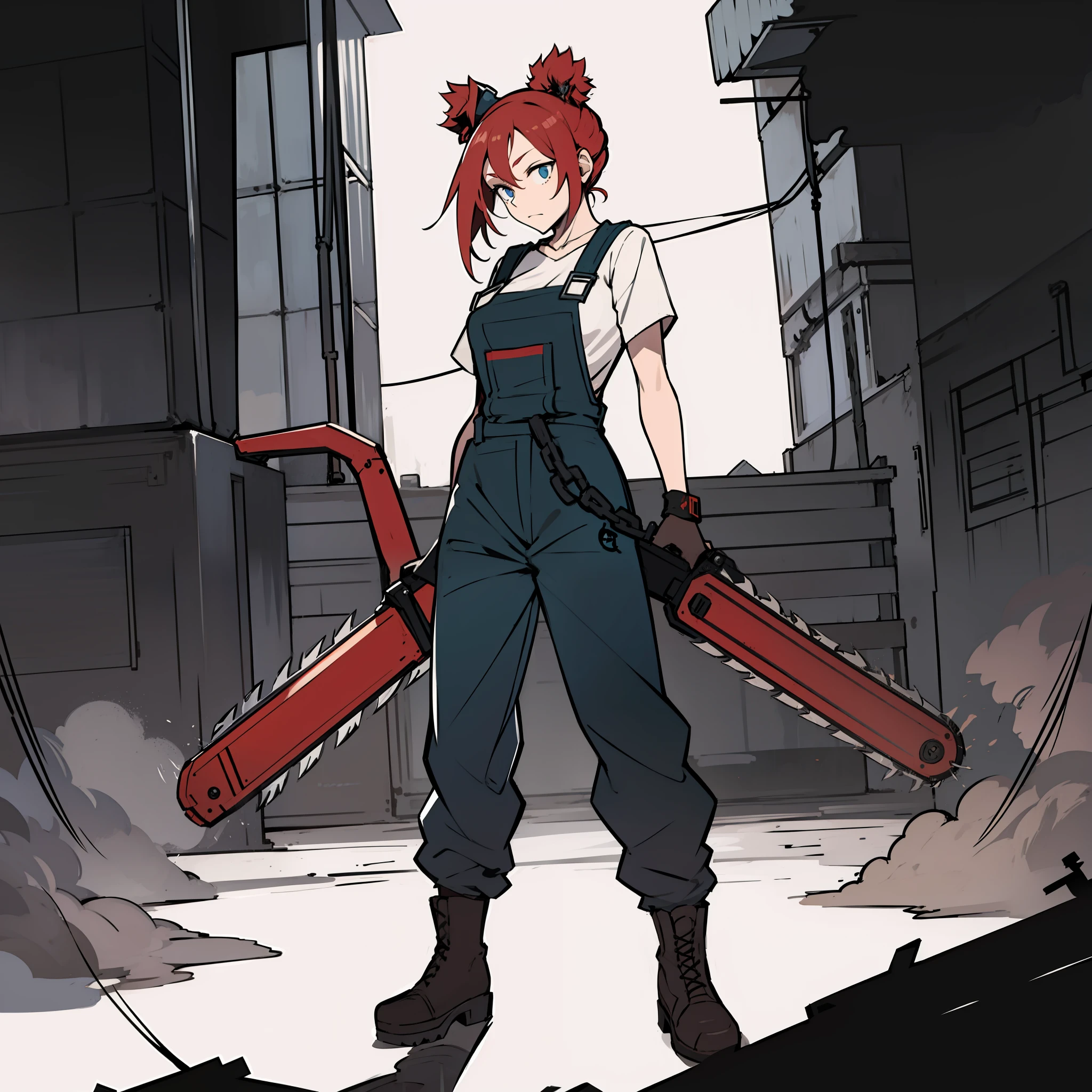 Two chainsaws，redheadwear，with a simple background