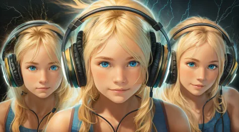 Blond-haired triplets,Headphones with lightning in the background,