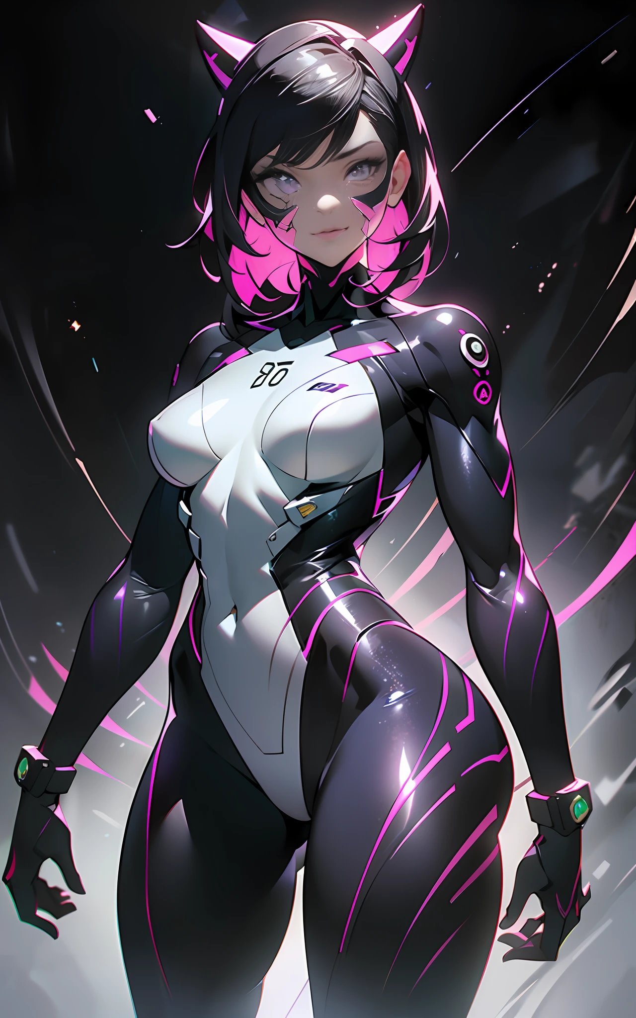 ((Best Quality)), ((masutepiece)), (Detailed: 1.4), (Absurd), paper, colorful line art, Perfect face, Hot latin female fighter pilot ready for war, Dark skin, lightning and lightning, defined muscular sculptural body, Wolverine mask, (((Full body))), Naked half-thick thighs, Closed mouth, muscular body covered in purple tech clothing, Neon Genesis Evangelion style, Cyberpunk, generous neckline, ((Perfect small breasts)),  ((totally purple clothing with golden rays)), (((short dark purple straight hair)))), Long black eyelashes dark makeup, niji --V5, close to real, psychopath, Crazy face, Sexy Pose, red and white background, 2 pieces clothing, Centered, scale to fit the dimensions, nffsw (High dynamic range),Ray tracing,NVIDIA RTX,Hyper-Resolution,Unreal 5,Subsurface Dispersion,  PBR Texture, Post-processing, Anisotropy Filtering, depth of fields, Maximum clarity and sharpness, Multilayer textures, Albedo and specular maps, Surface Shading, accurate simulation of light and material interactions, Perfect proportions, Octane Render, Two-tone lighting, Wide aperture, Low ISO, White Balance, thirds rule, 8K Raw, Crysisnanosuit