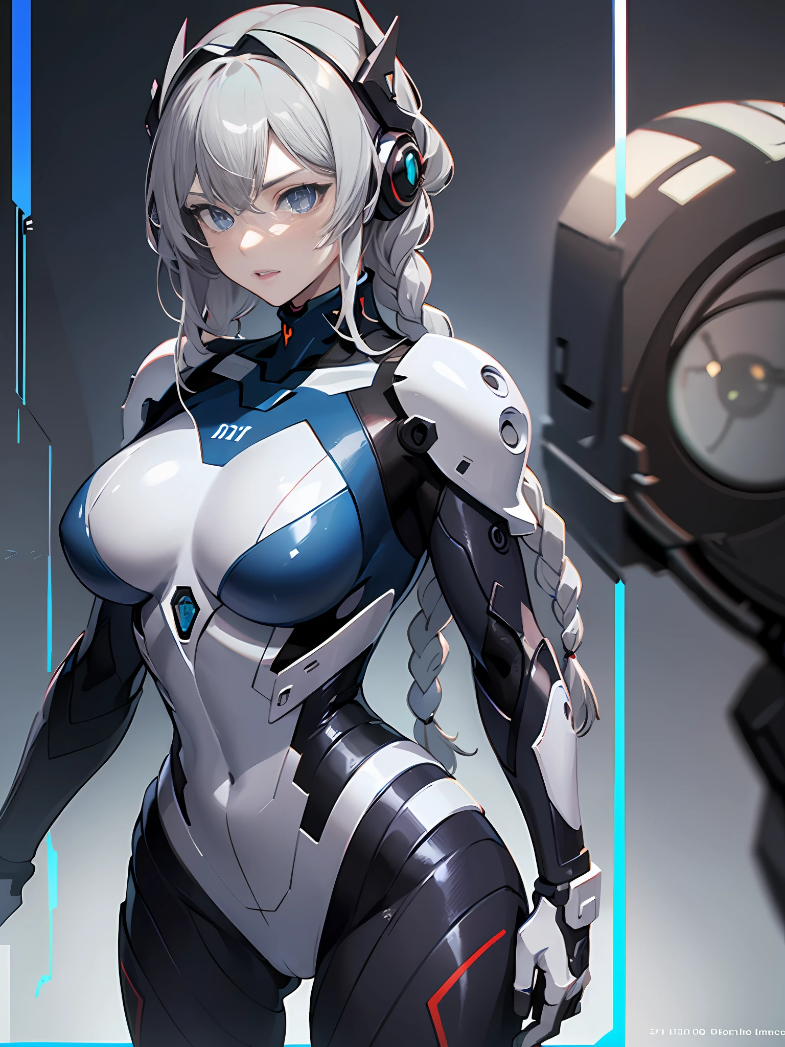 ((Best Quality)), ((masutepiece)), (Detailed: 1.4), (Absurd), Female fighter pilots ready for war, Dark skin, flash dc comics, lightning and lightning, muscular sculptural body defined, Full body, half-thick naked thighs, Closed mouth, muscular body covered in technological clothing, Neon Genesis Evangelion style, Cyberpunk, generous neckline, ((perfect medium breasts)), (Super light blue eyes without pupils),  ((White and dark red clothes)), (((gray hair in braids))), long eyelashes heavy makeup, by mucha, niji --V5, close to real, psychopath, Crazy face, Sexy Pose, Genesis Evangelion neon style robot giant head background, 2 pieces clothing, Airplane winged shoulder pads, pastel, Centered, scale to fit the dimensions, nffsw (High dynamic range), Ray tracing,NVIDIA RTX,Hyper-Resolution,Unreal 5,Subsurface Dispersion, PBR Texture, Post-processing, Anisotropy Filtering, depth of fields, Maximum clarity and sharpness, Multilayer textures, Albedo and specular maps, Surface Shading, accurate simulation of light and material interactions, Perfect proportions, Octane Render, Two-tone lighting, Wide aperture, Low ISO, White Balance, thirds rule, in 8K, Crysisnanosuit,Blue eyes