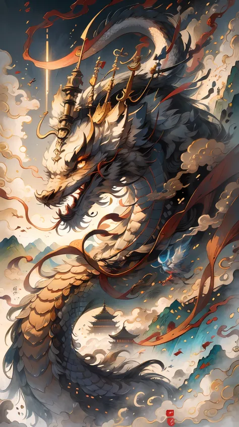chinesedragon，An ancient Chinese painting， ancient chinese background， mountain ranges， rios， Auspicious clouds， Pavilions， rays of sunshine， tmasterpiece， super detailing， Epic composition， hyper HD， high qulity， extremely detaile， offcial art， 统一 8k 壁纸， ...