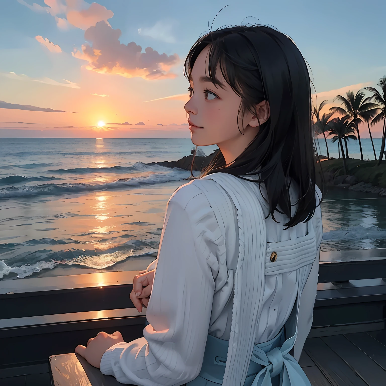 best qualtiy， tmasterpiece， 超高分辨率，RAW photogr，Realistic，twilight，1girl，Turn your back to the audience，Head back at the audience，ssmile，high detal，sharp fokus，beach，Calm sea，2 coconut trees --auto