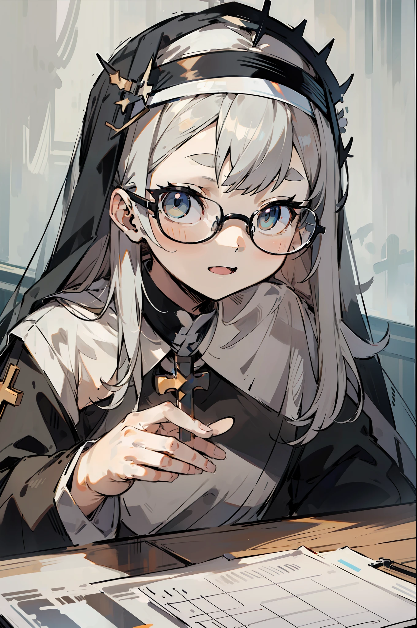 tmasterpiece，Super mass，Hyper-detailing，Perfect drawing，1 beauty，orthofacial，By bangs，long whitr hair，Loose gray hair，Small round eyes，Height 165cm，Three sizes B70W50H75，lewd nun，crosses，Wearing glasses