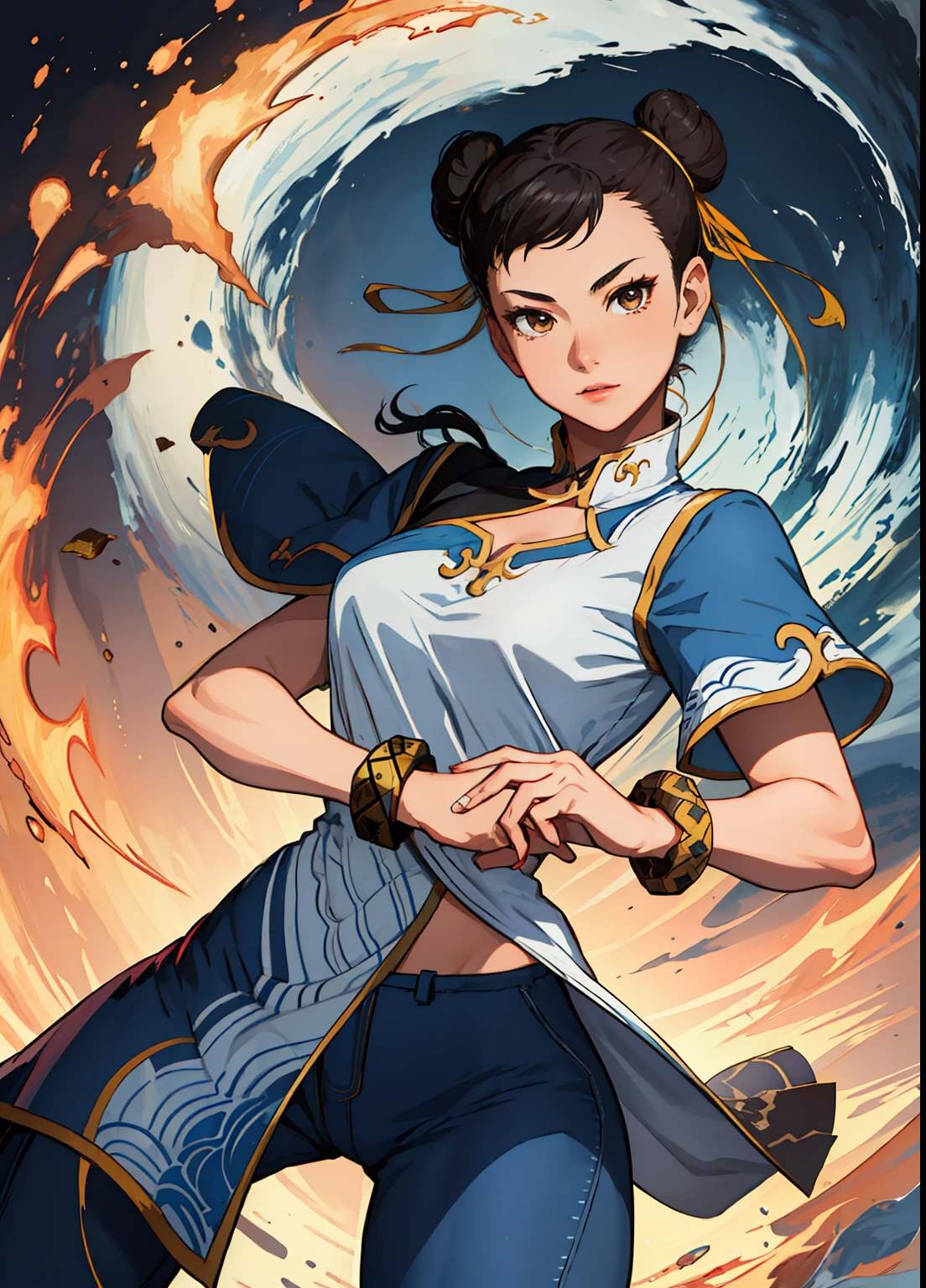 (masterpiece, best quality, high resolution), (illustration:1.0), extremely detailed face, perfect lighting, (perfect hands,perfect anatomy), (1girl, solo:1.5), glowing skin and perfect symmetrical pretty face ,cowboy shot,  chunlims,  hair bun, double bun, chinese clothes, solo, dress, bracelet, ribbon, pants, blue pants, makeup,  short sleeves, wide hips, thick thighs,