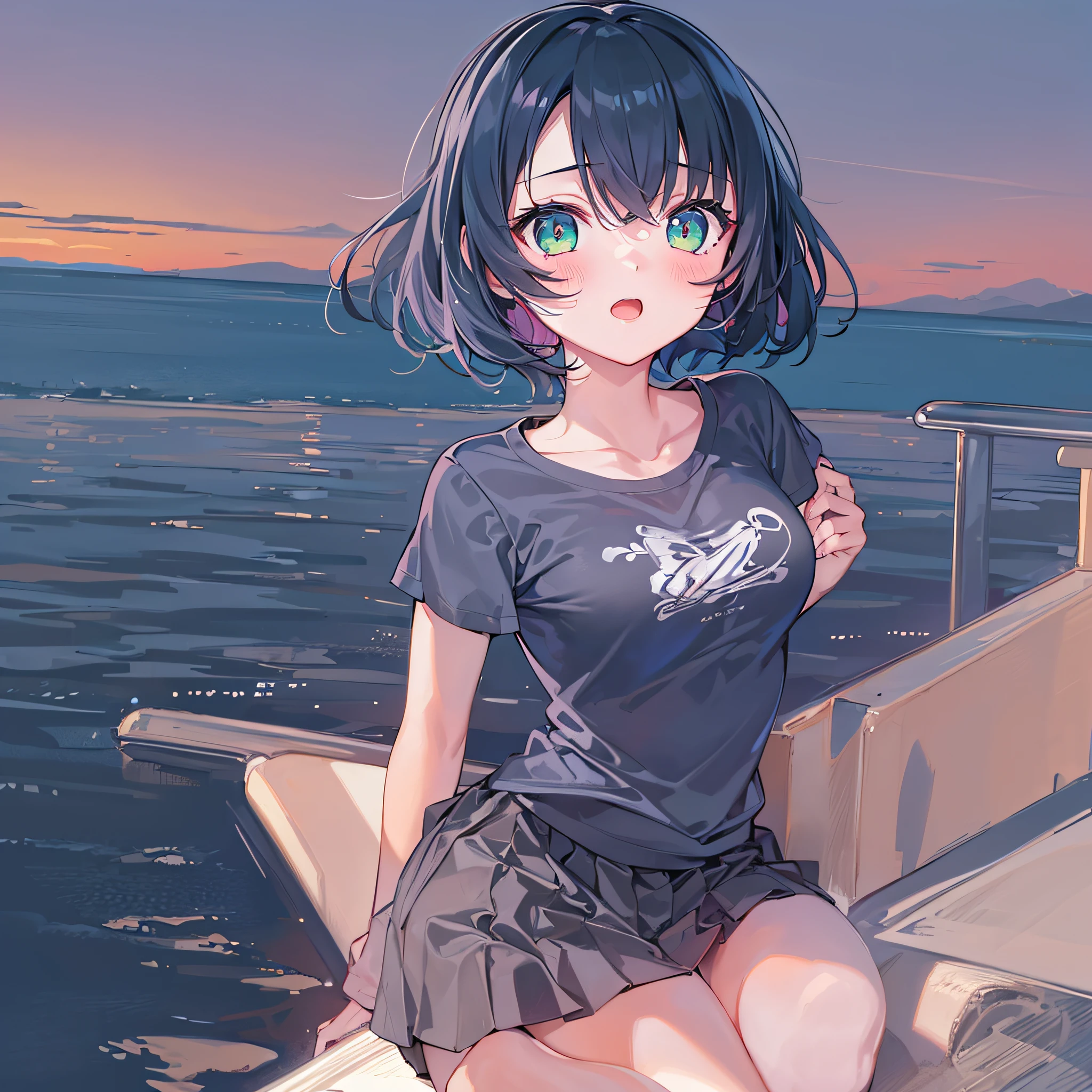 1girl,navy blue bob hair,navy green eyes,cute,blush,river,T-shirt,miniskirt,sunset