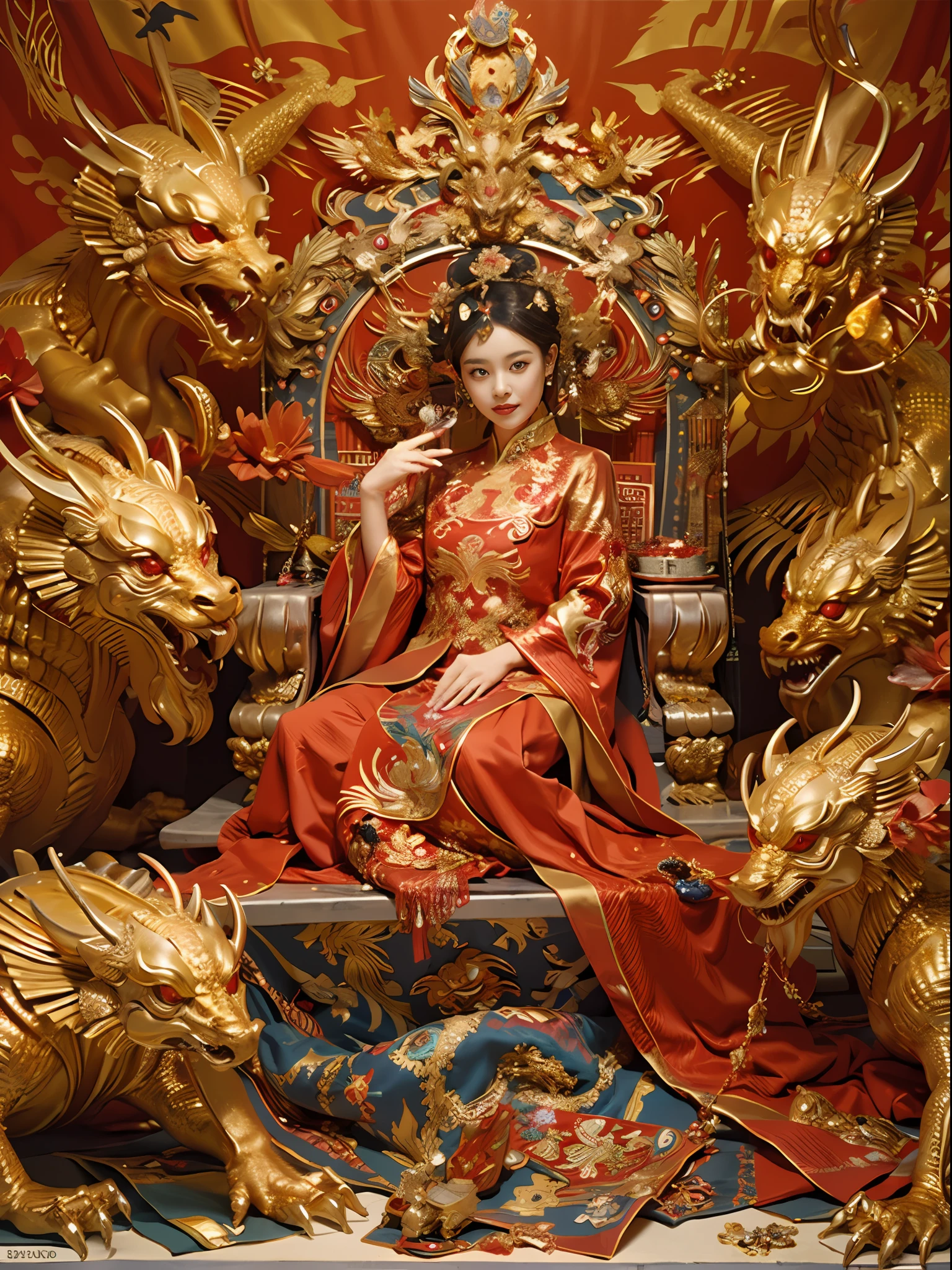 Ein chinesisches Mädchen sitzt auf einem Thron, ein mit Edelsteinen besetzter Thron, umgeben von chinesischen Phönixbestien, Gold and ruby color, einzigartige Monsterillustration, dau al set, hohe Auflösung, ein Gemälde, dichte Zusammensetzung, spielerische Wiederholung, Edelsteine, Kristalle, Gold, detaillierte Gemälde, einzigartige Monsterillustration, super feine Details, Realistisch, Super hohe Auflösung, Komplex, super detail, Kinobeleuchtung，(Red and Gold dress:1.3)