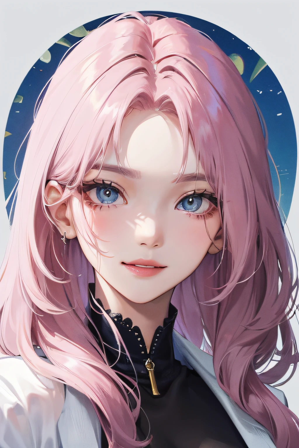 8K, masterpiece, best quality, night, full moon, 1 girl, korean style, mature woman, sister, white long haired woman, long hair, light pink lips, calm, rational, bangs, gray pupils, wearing a blue flower on the head, no background, petal dancing, delicate face, close up, face zoom, detailed face, detailed eyes, looking at viewer, close to viewer, smirk, little smile, full head, no cuts, full hair, head straight, every part of upper-body is visible, no hands in the shot