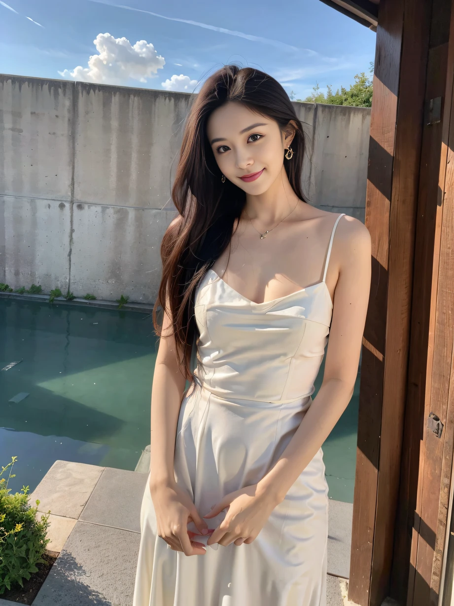 ，masterpiece, best quality，8k, ultra highres，Reallightandshadow，Cinema lenses，(beautidful eyes:1.1)， ((中景 the scene is)) ，A gentle goddess stands in a vast sea of flowers。She wore a long flowing white dress，The skirt flutters gently with the breeze。The sun shines on her through the clouds，Like a divine light illuminating her slim face。and she smiling，The eyes are full of affection and serenity，It is as if it is the guardian of the earth。