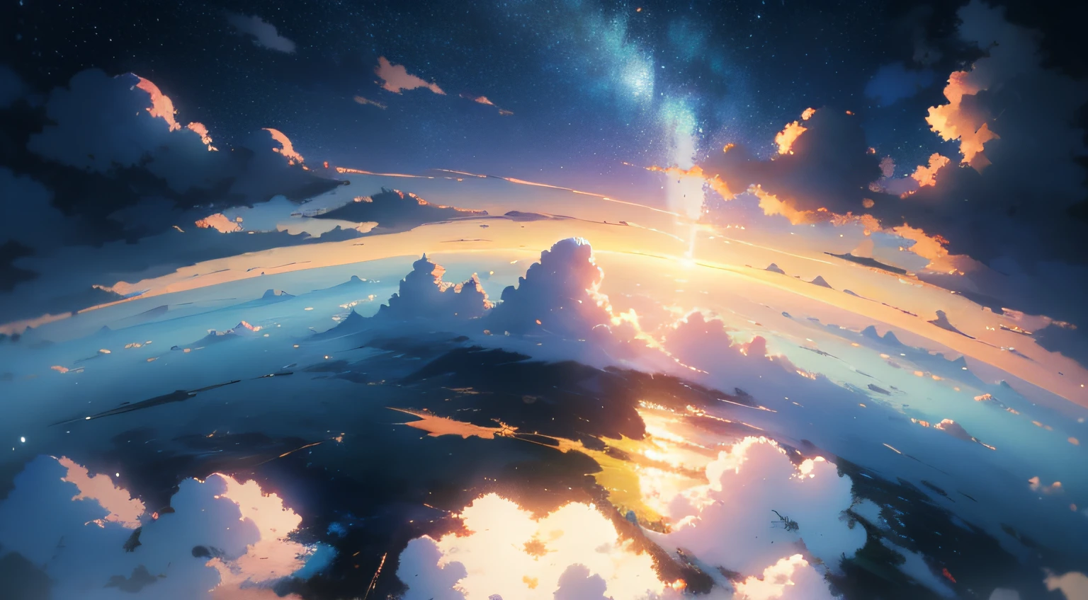 aerial view of earth, cloudy, camera from skies, anime style, makoto ...