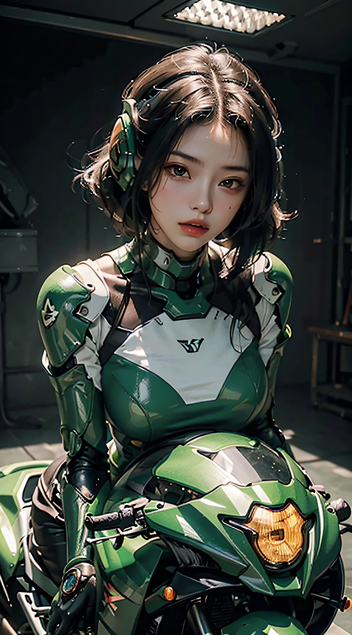 A mais alta qualidade de imagem, detalhes pendentes, resolução ultra-alta, (Realismo: 1.4), a melhor ilustração, detalhes do favor, 1girl altamente condensada, com um rosto delicado e lindo, vestido com um mecha preto e verde, usando um capacete mecha, segurando um controlador direcional, andando de moto, o fundo é uma cena de iluminação de alta tecnologia da cidade do futuro.