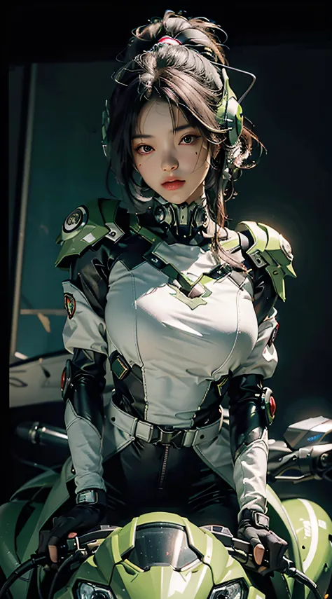 Highest image quality, outstanding details, ultra-high resolution, (realism: 1.4), the best illustration, favor details, highly condensed 1girl, with a delicate and beautiful face, dressed in a black and green mecha, wearing a mecha helmet, holding a direc...