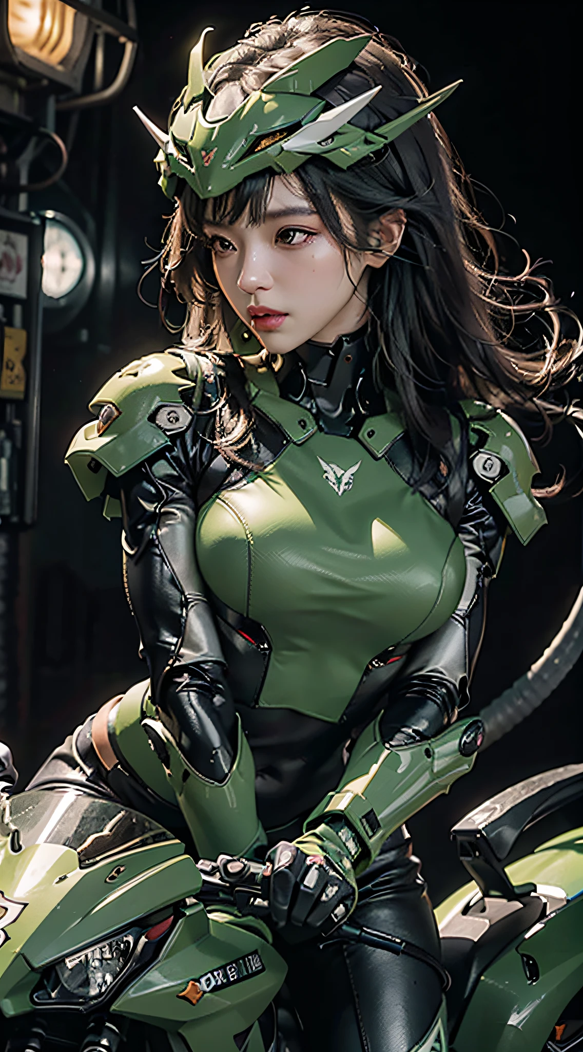 Highest image quality, outstanding details, ultra-high resolution, (realism: 1.4), the best illustration, favor details, highly condensed 1girl, with a delicate and beautiful face, dressed in a black and green mecha, wearing a mecha helmet, holding a directional controller, riding on a motorcycle, the background is a high-tech lighting scene of the future city.